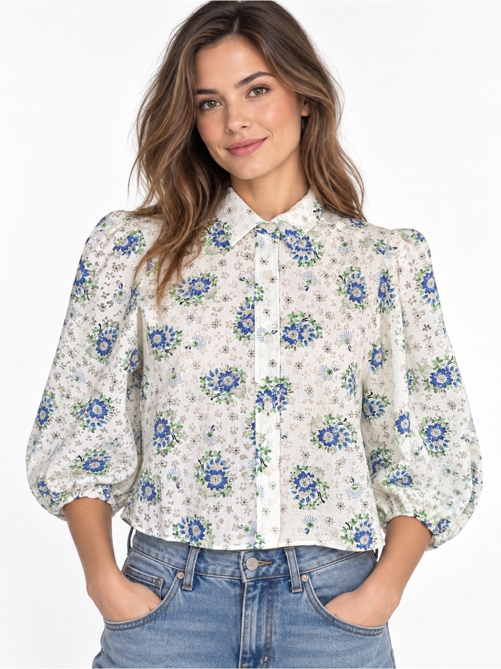 Zara NWT Floral Sheer Puff Sleeve Cropped Button-Up Blouse XS White Blue